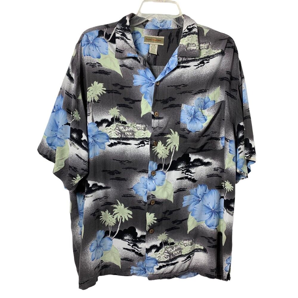 Original Island Sport Hawaiian Shirt Men Large Gray Blue Tropical Beach Vacation